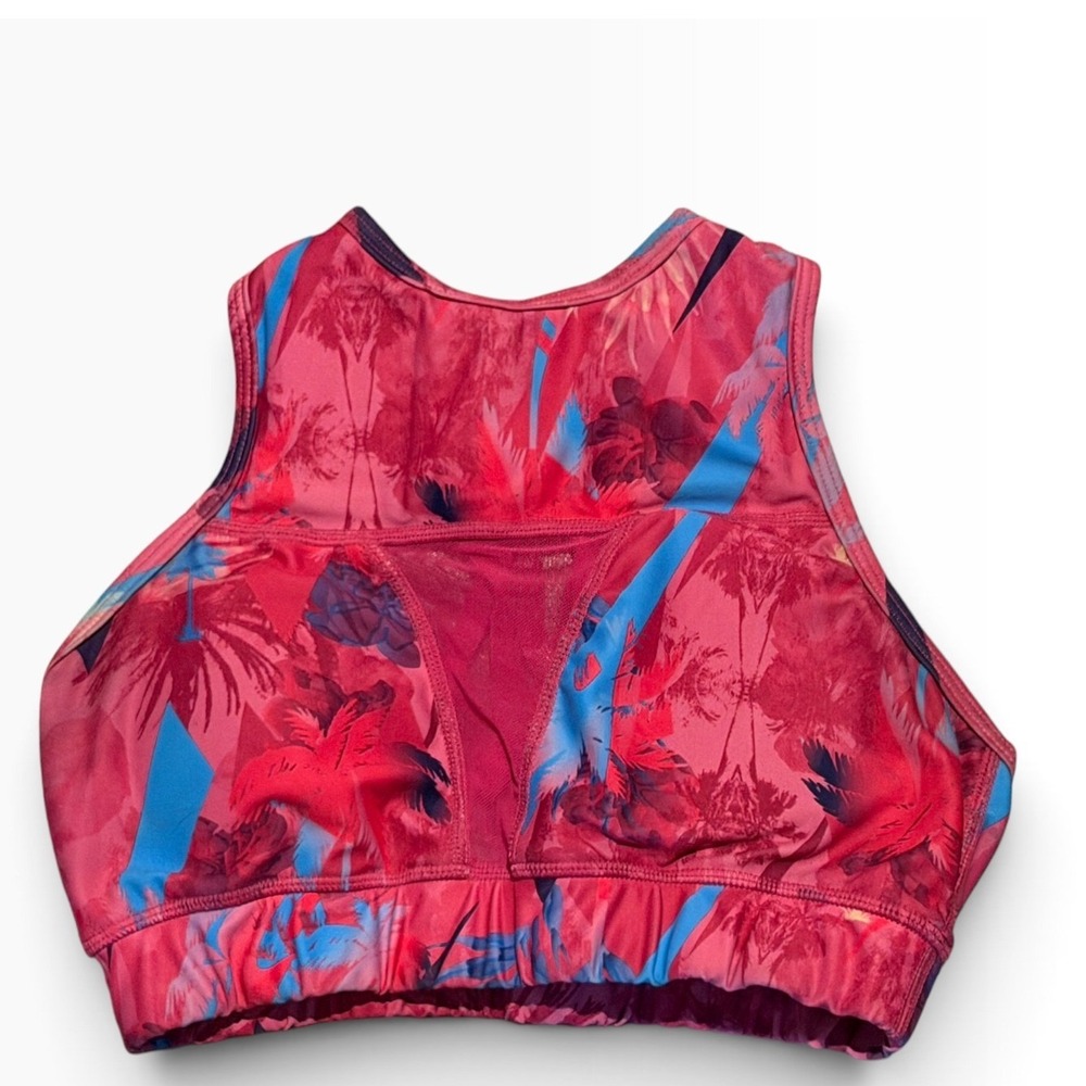 Chestee Weightlifting Pink Tropical Palm High Neck Strappy Back Sports Bra XS